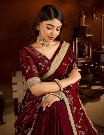 Maroon Satin Silk Saree with Heavy Embroidered Work