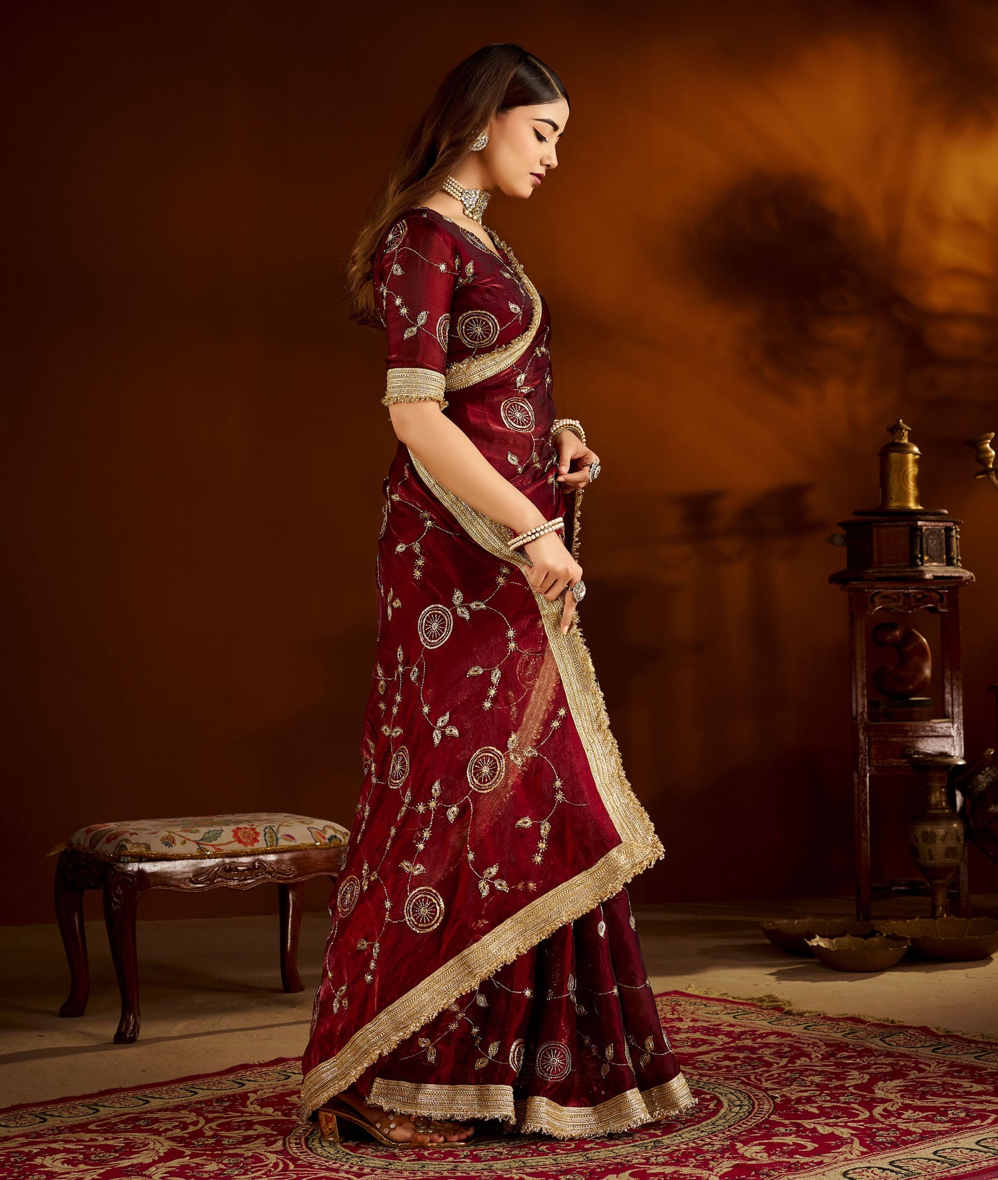 Maroon Satin Silk Saree with Heavy Embroidered Work