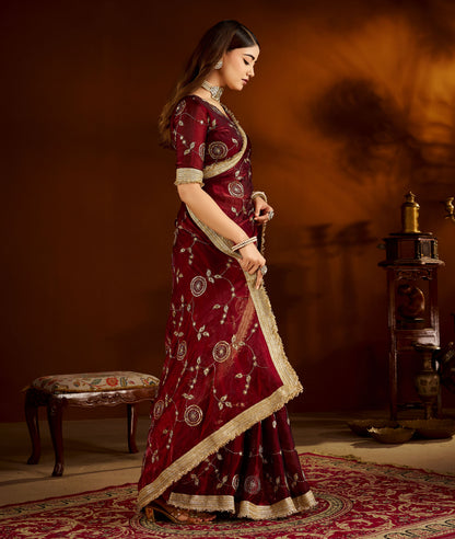 Maroon Satin Silk Saree with Heavy Embroidered Work