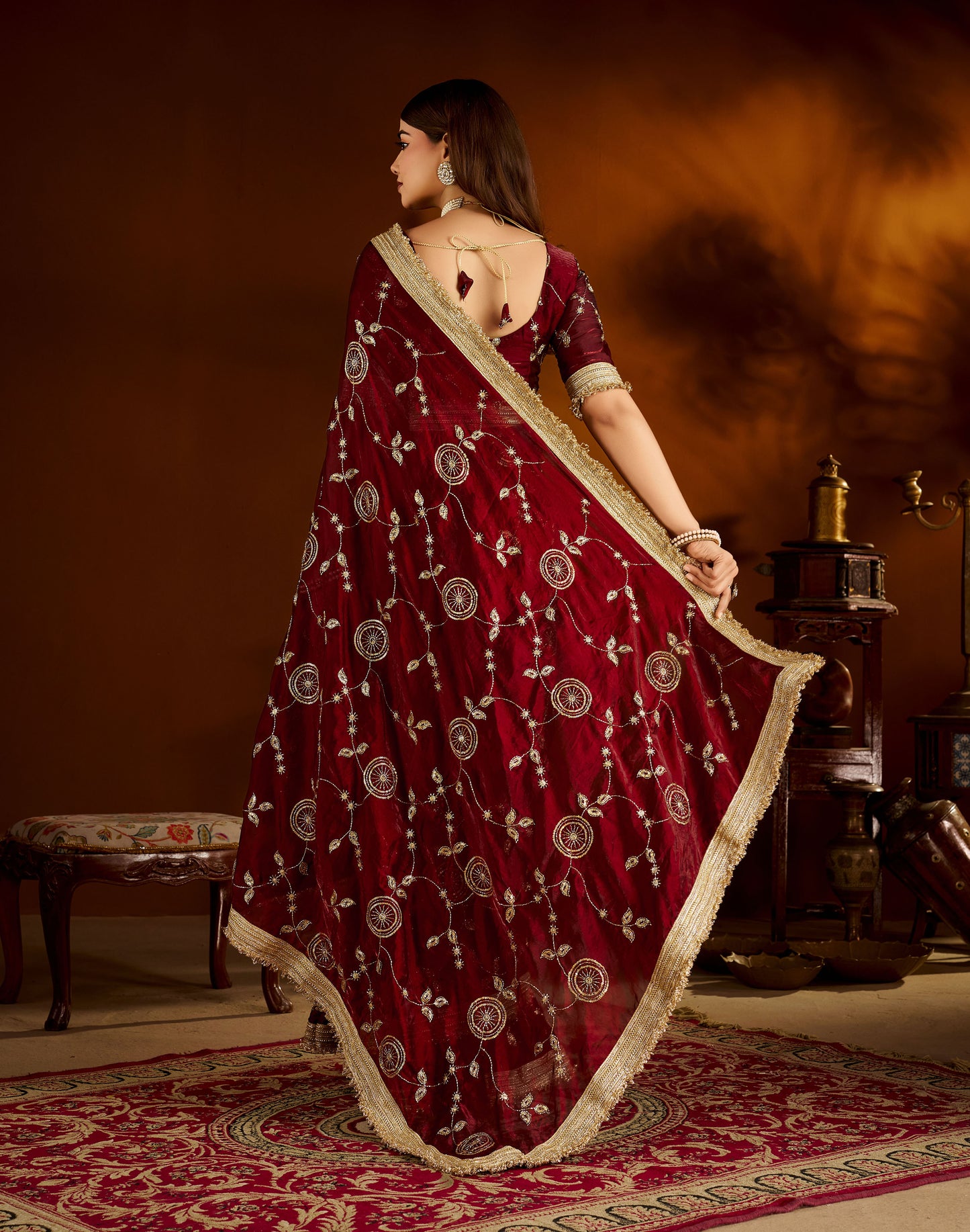 Maroon Satin Silk Saree with Heavy Embroidered Work
