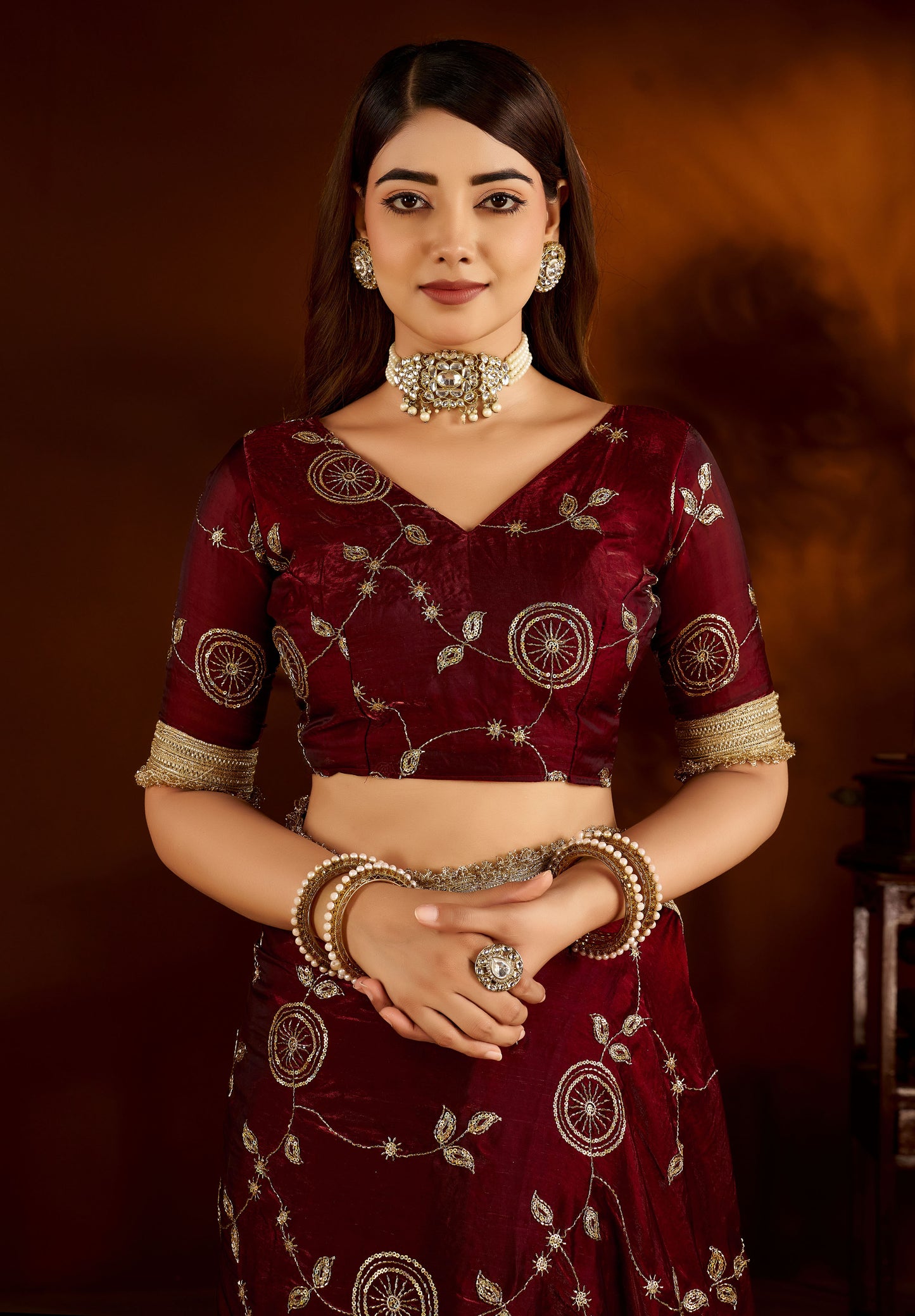 Maroon Satin Silk Saree with Heavy Embroidered Work
