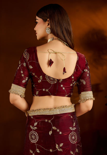 Maroon Satin Silk Saree with Heavy Embroidered Work