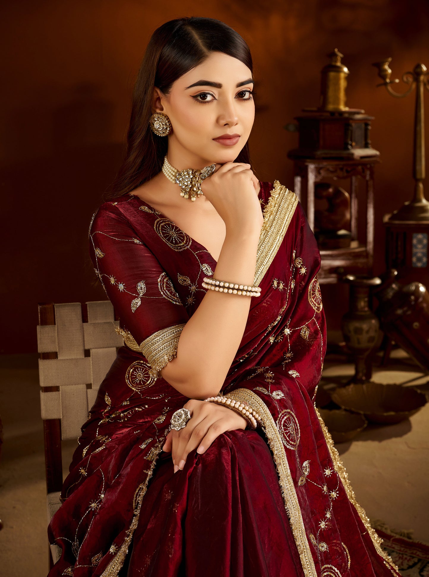 Maroon Satin Silk Saree with Heavy Embroidered Work
