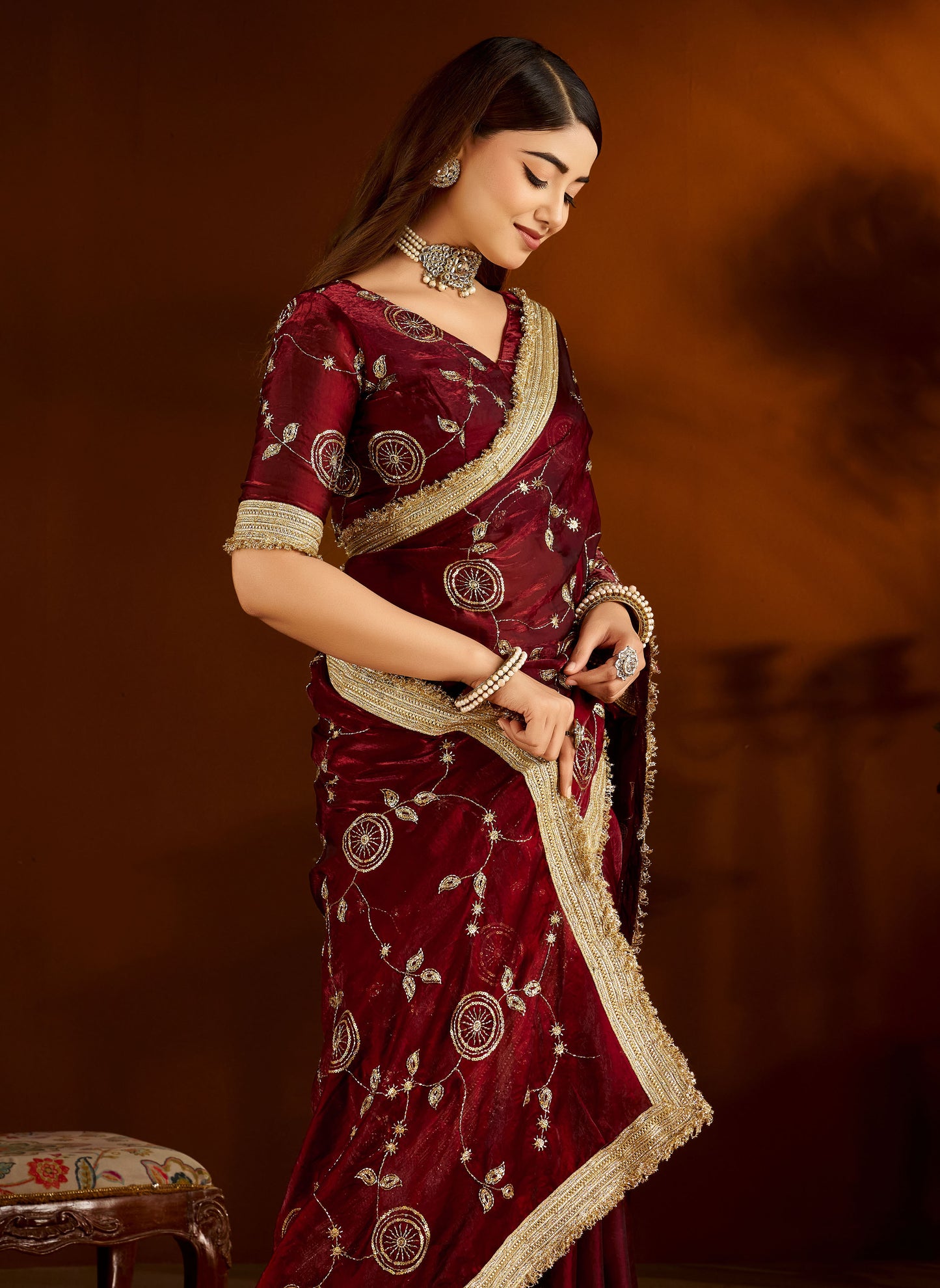 Maroon Satin Silk Saree with Heavy Embroidered Work