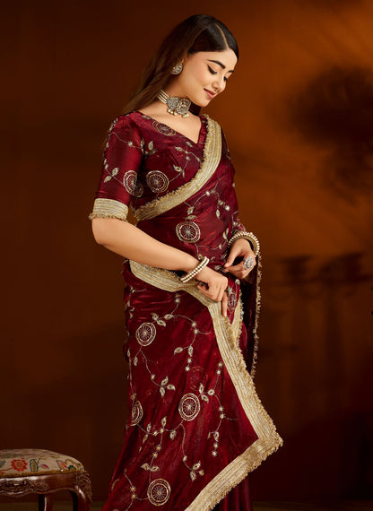 Maroon Satin Silk Saree with Heavy Embroidered Work