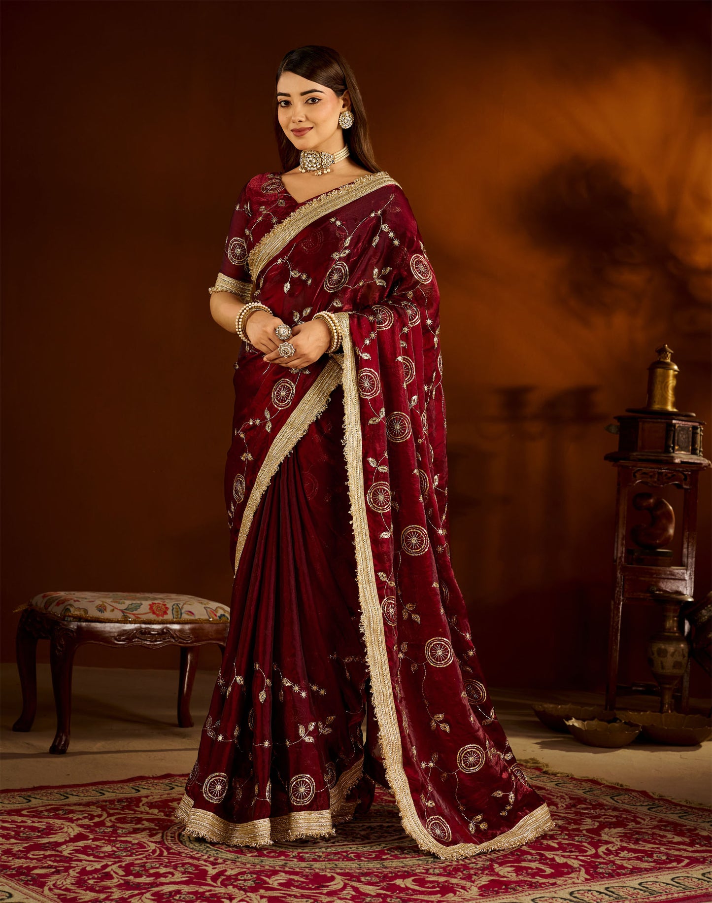 Maroon Satin Silk Saree with Heavy Embroidered Work