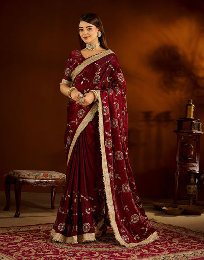 Maroon Satin Silk Saree with Heavy Embroidered Work