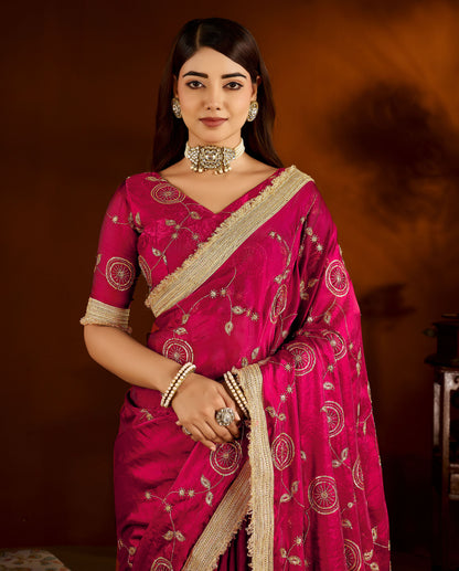 Pink Satin Silk Saree with Heavy Embroidered Work
