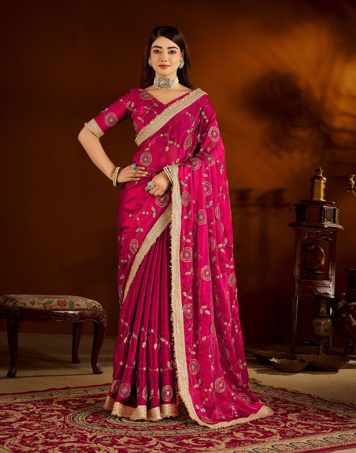 Pink Satin Silk Saree with Heavy Embroidered Work