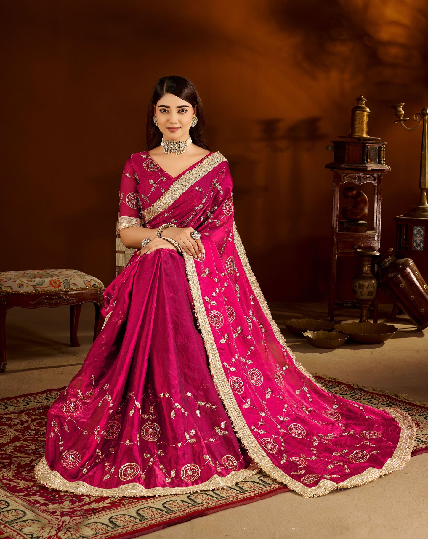 Pink Satin Silk Saree with Heavy Embroidered Work