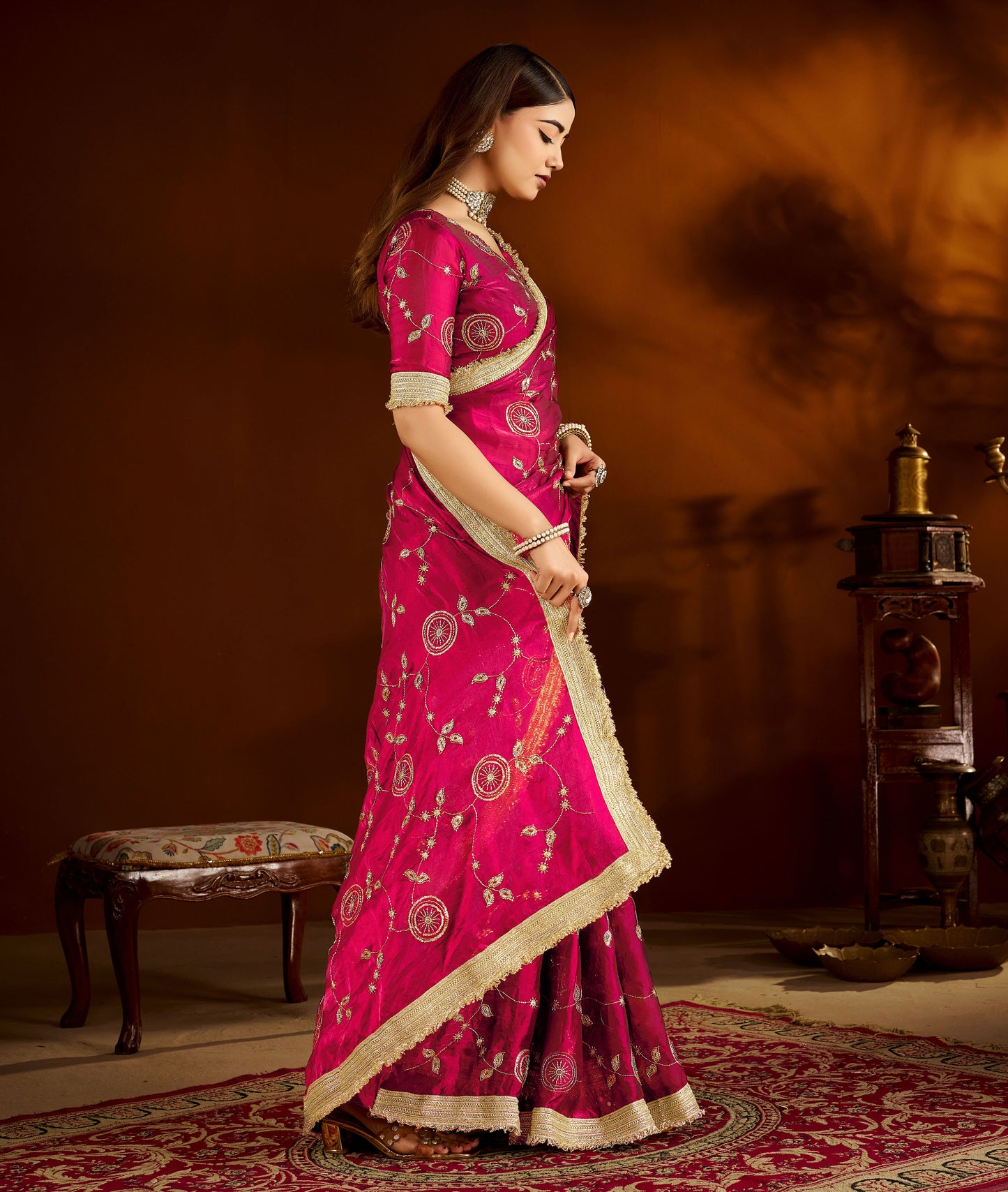 Pink Satin Silk Saree with Heavy Embroidered Work