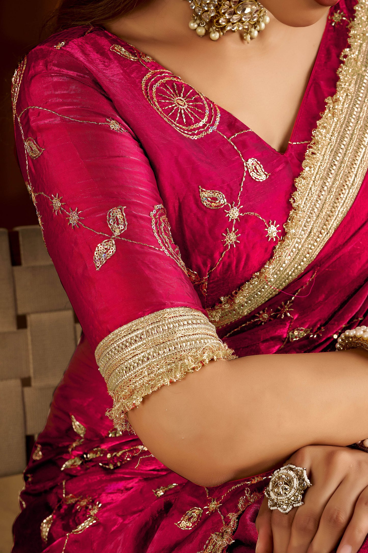 Pink Satin Silk Saree with Heavy Embroidered Work