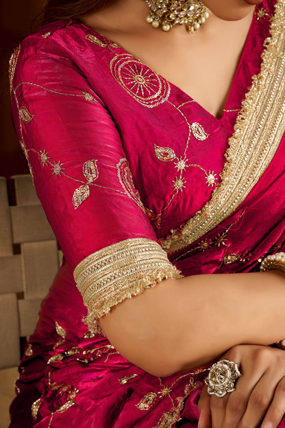 Pink Satin Silk Saree with Heavy Embroidered Work