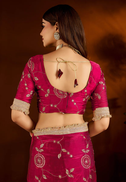 Pink Satin Silk Saree with Heavy Embroidered Work
