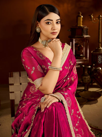 Pink Satin Silk Saree with Heavy Embroidered Work