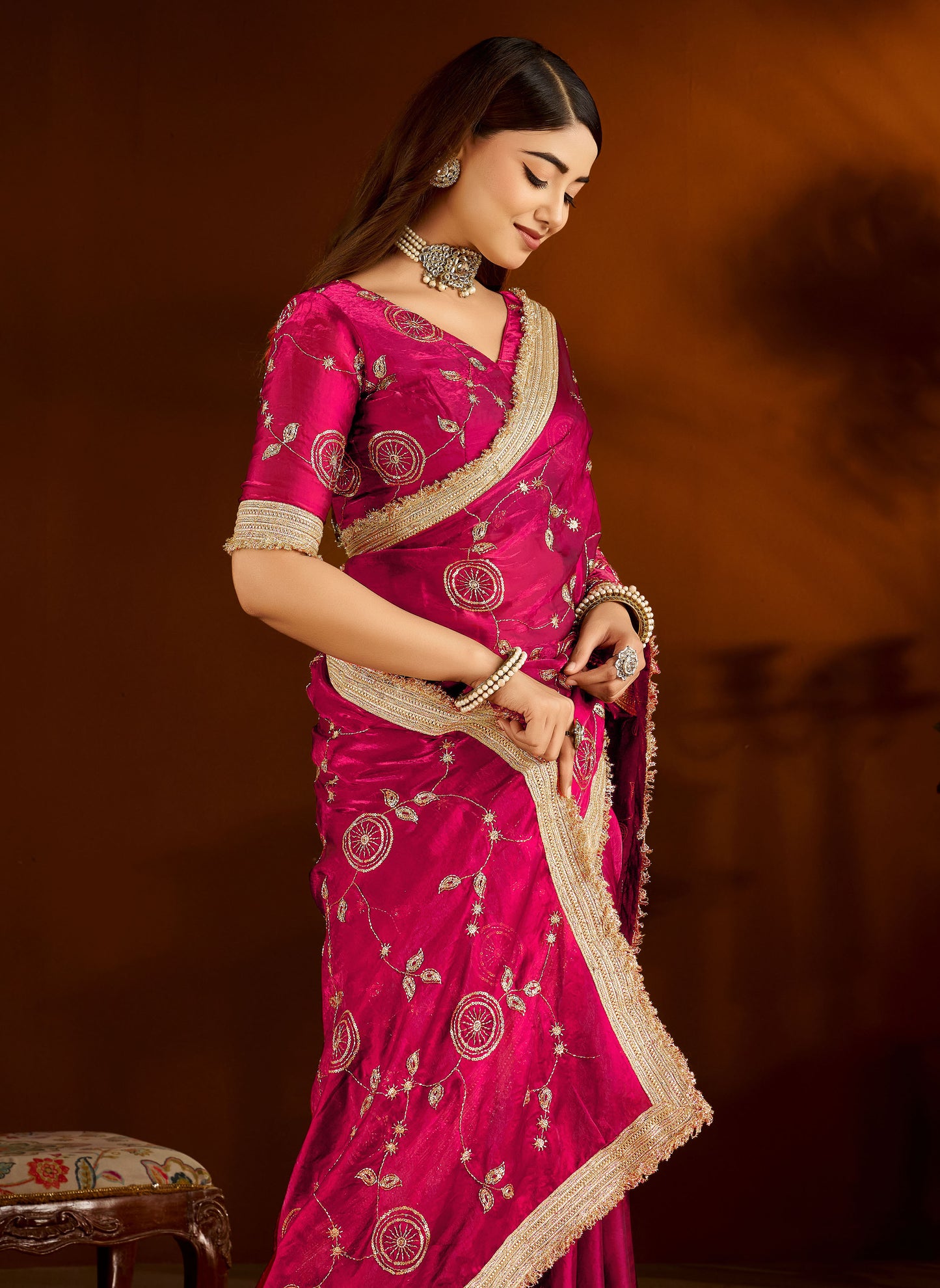 Pink Satin Silk Saree with Heavy Embroidered Work