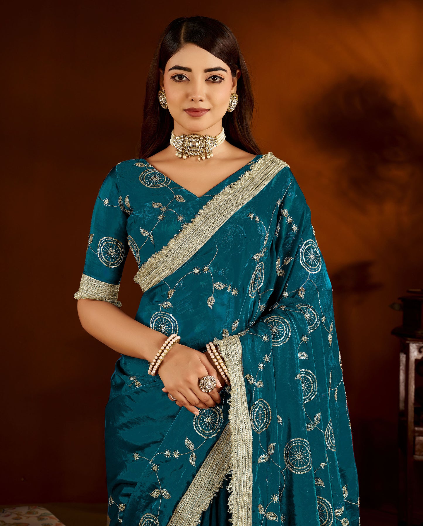 Rama Green Satin Silk Saree with Heavy Embroidered Work