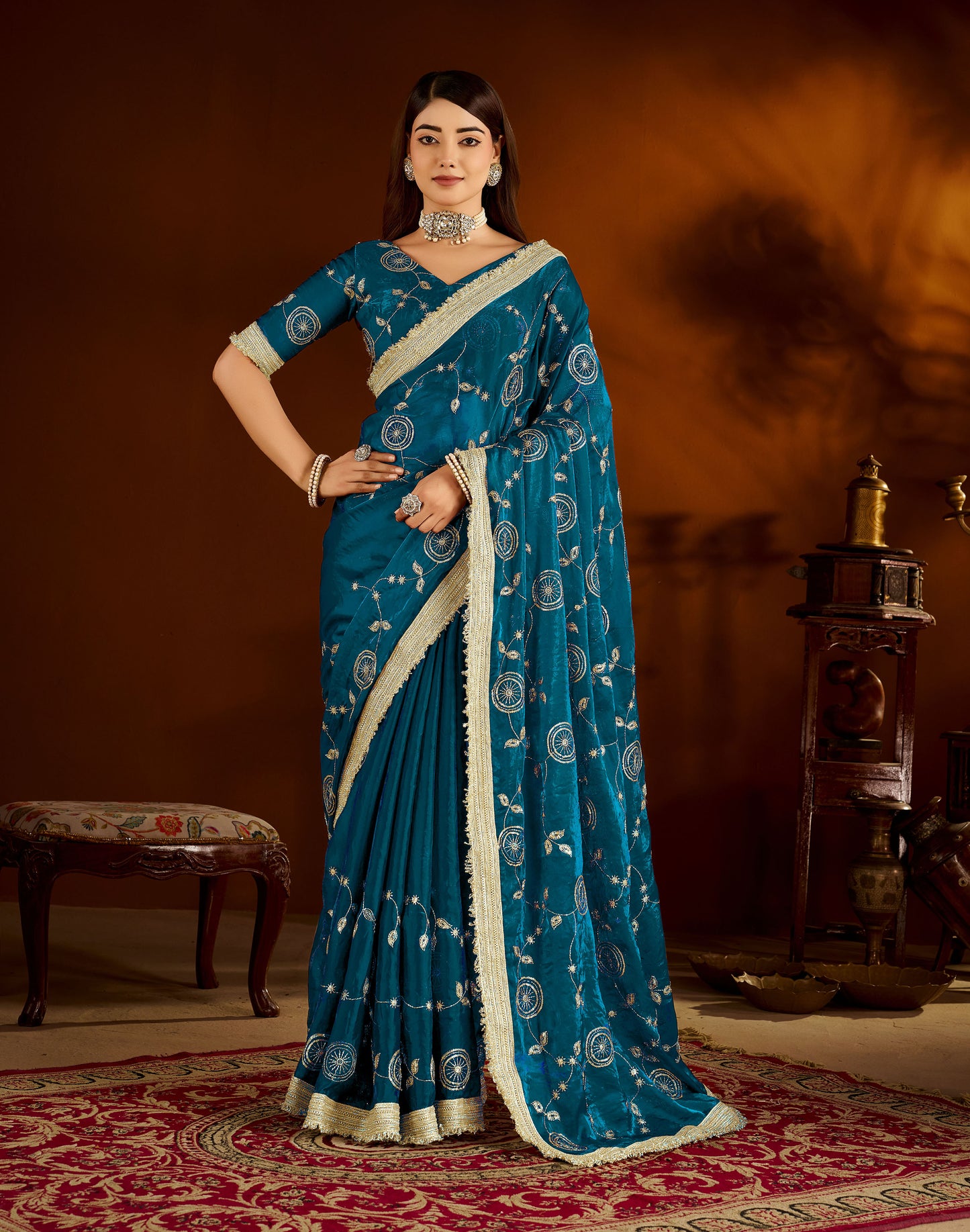 Rama Green Satin Silk Saree with Heavy Embroidered Work