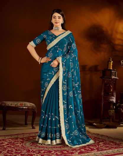 Rama Green Satin Silk Saree with Heavy Embroidered Work