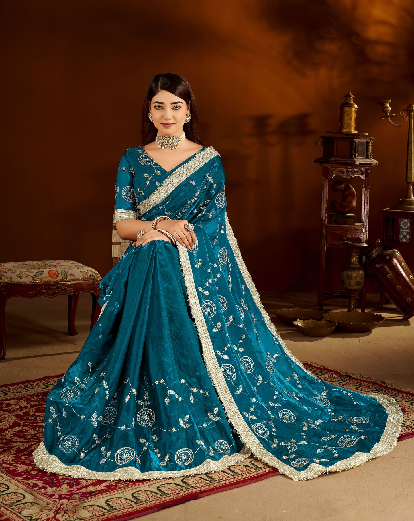 Rama Green Satin Silk Saree with Heavy Embroidered Work