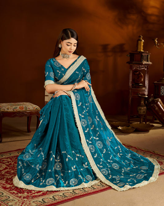 Rama Green Satin Silk Saree with Heavy Embroidered Work