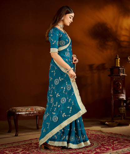 Rama Green Satin Silk Saree with Heavy Embroidered Work