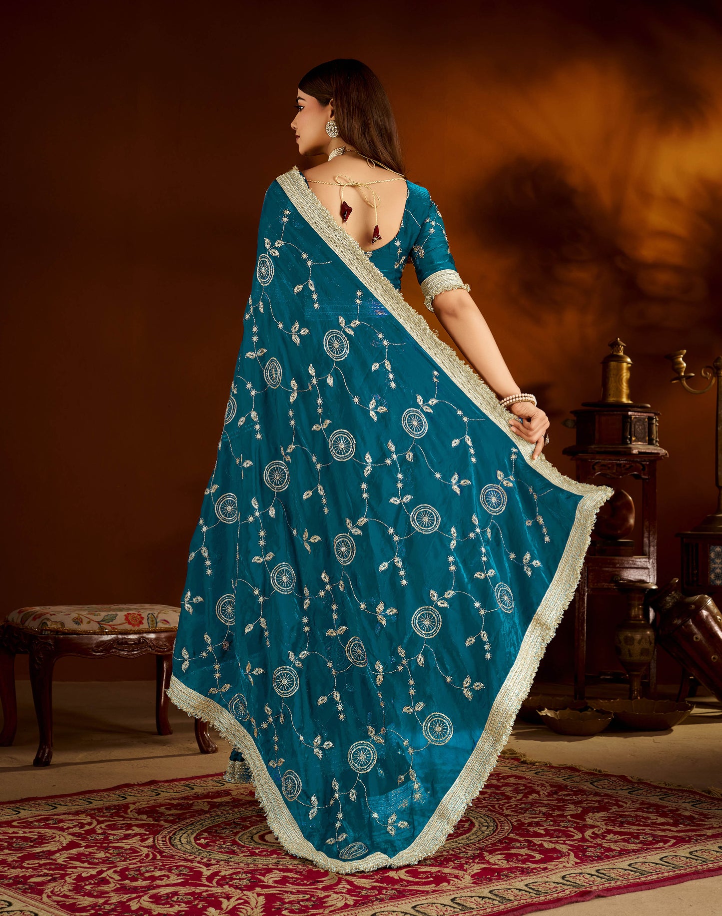 Rama Green Satin Silk Saree with Heavy Embroidered Work