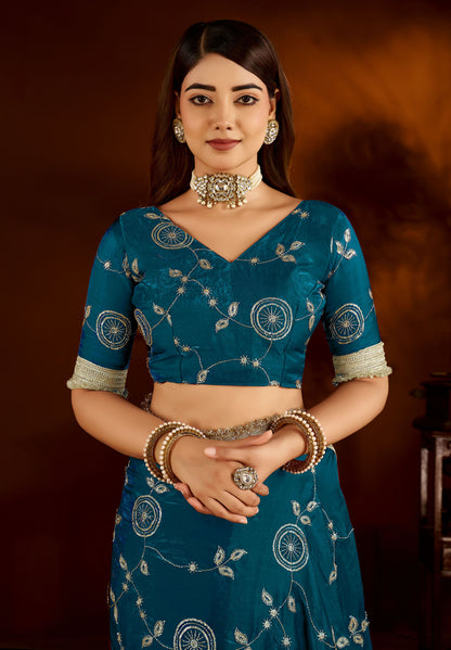 Rama Green Satin Silk Saree with Heavy Embroidered Work