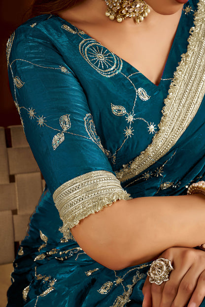 Rama Green Satin Silk Saree with Heavy Embroidered Work