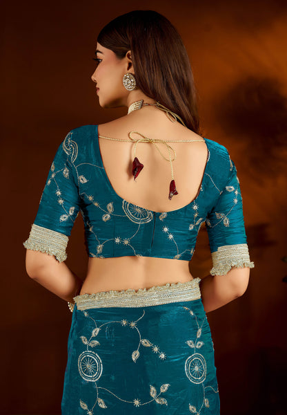 Rama Green Satin Silk Saree with Heavy Embroidered Work