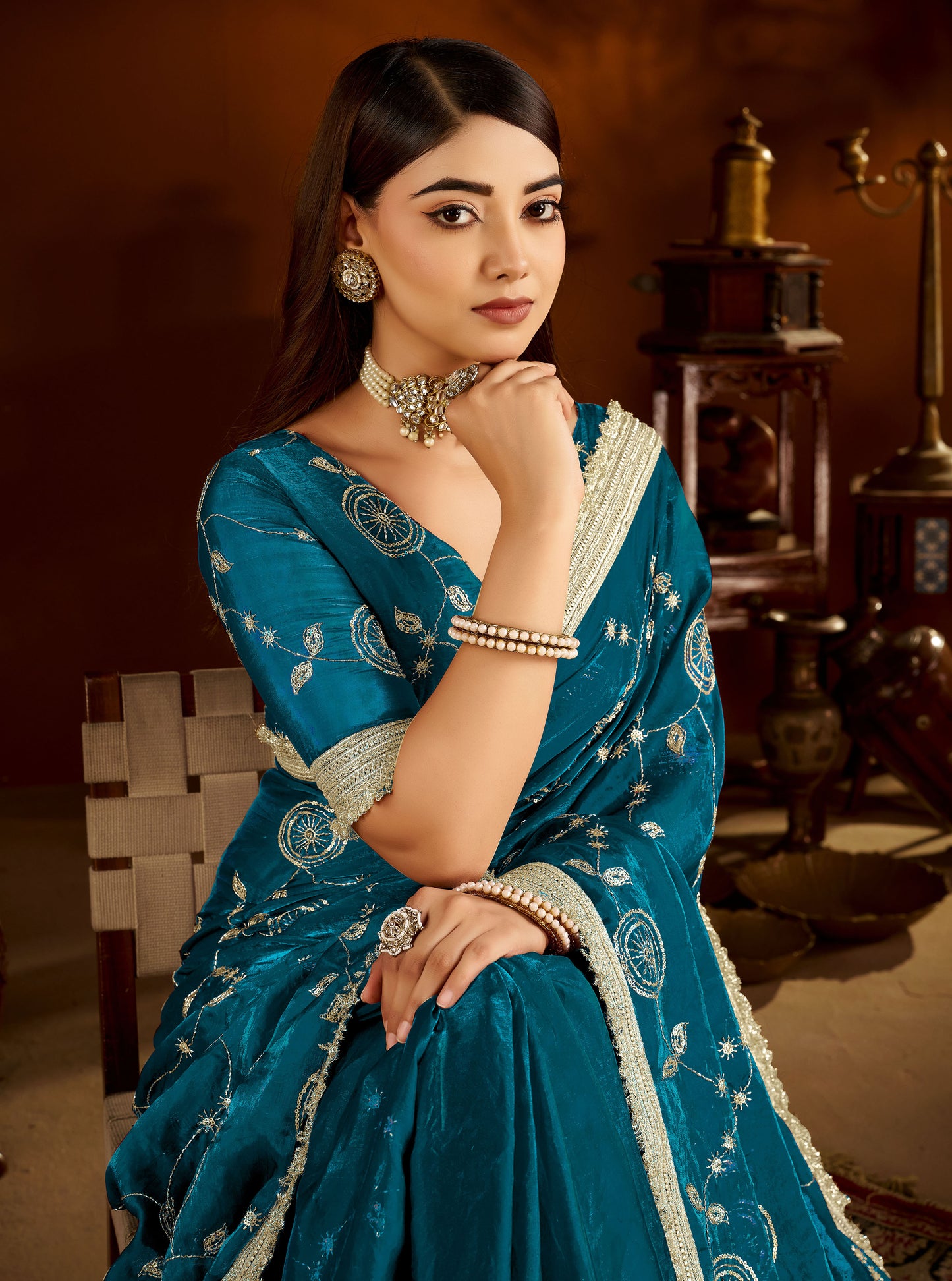 Rama Green Satin Silk Saree with Heavy Embroidered Work