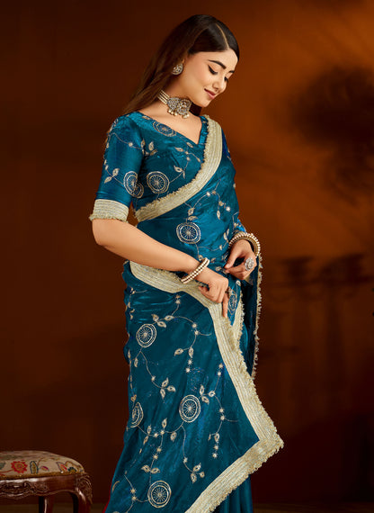 Rama Green Satin Silk Saree with Heavy Embroidered Work