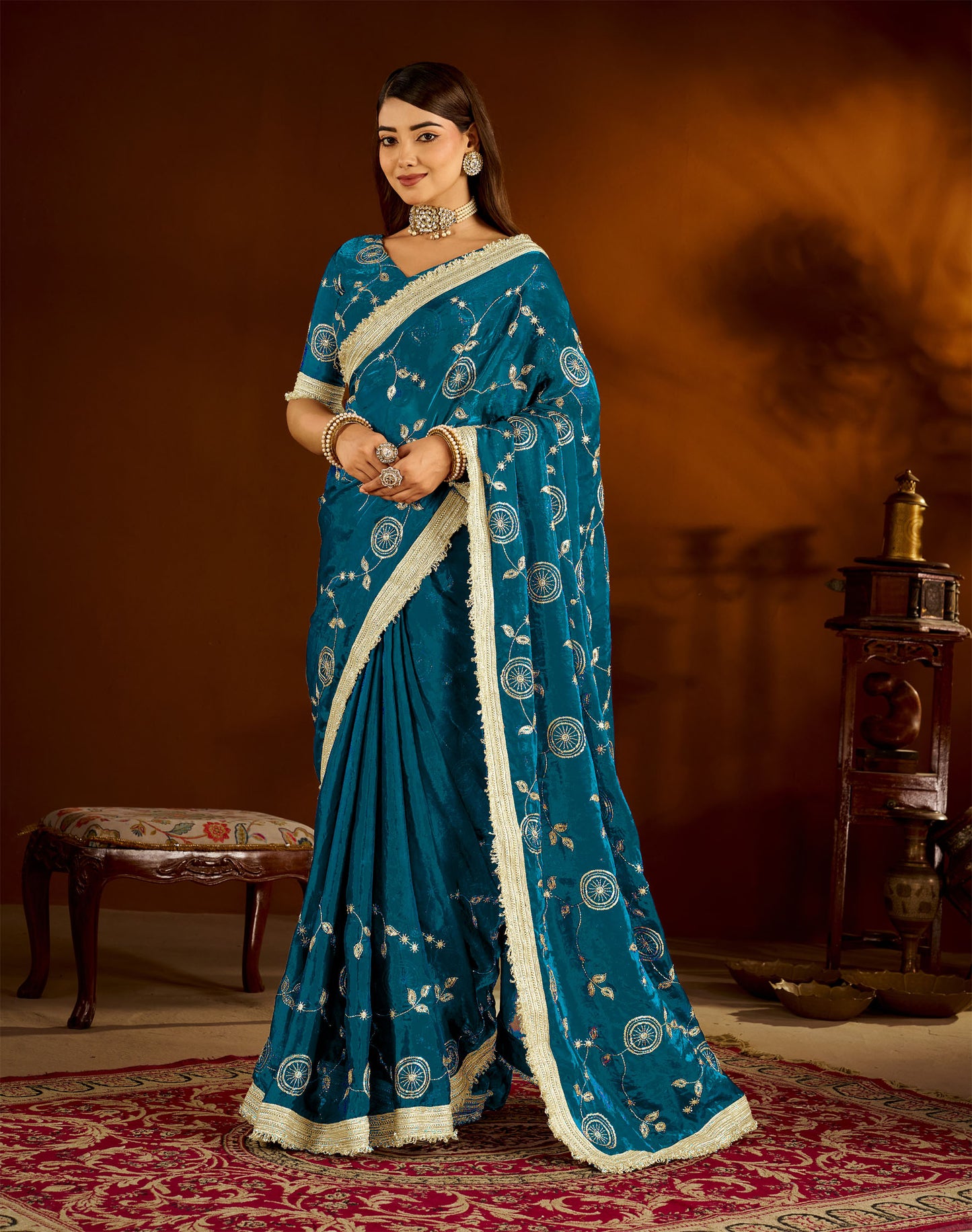 Rama Green Satin Silk Saree with Heavy Embroidered Work