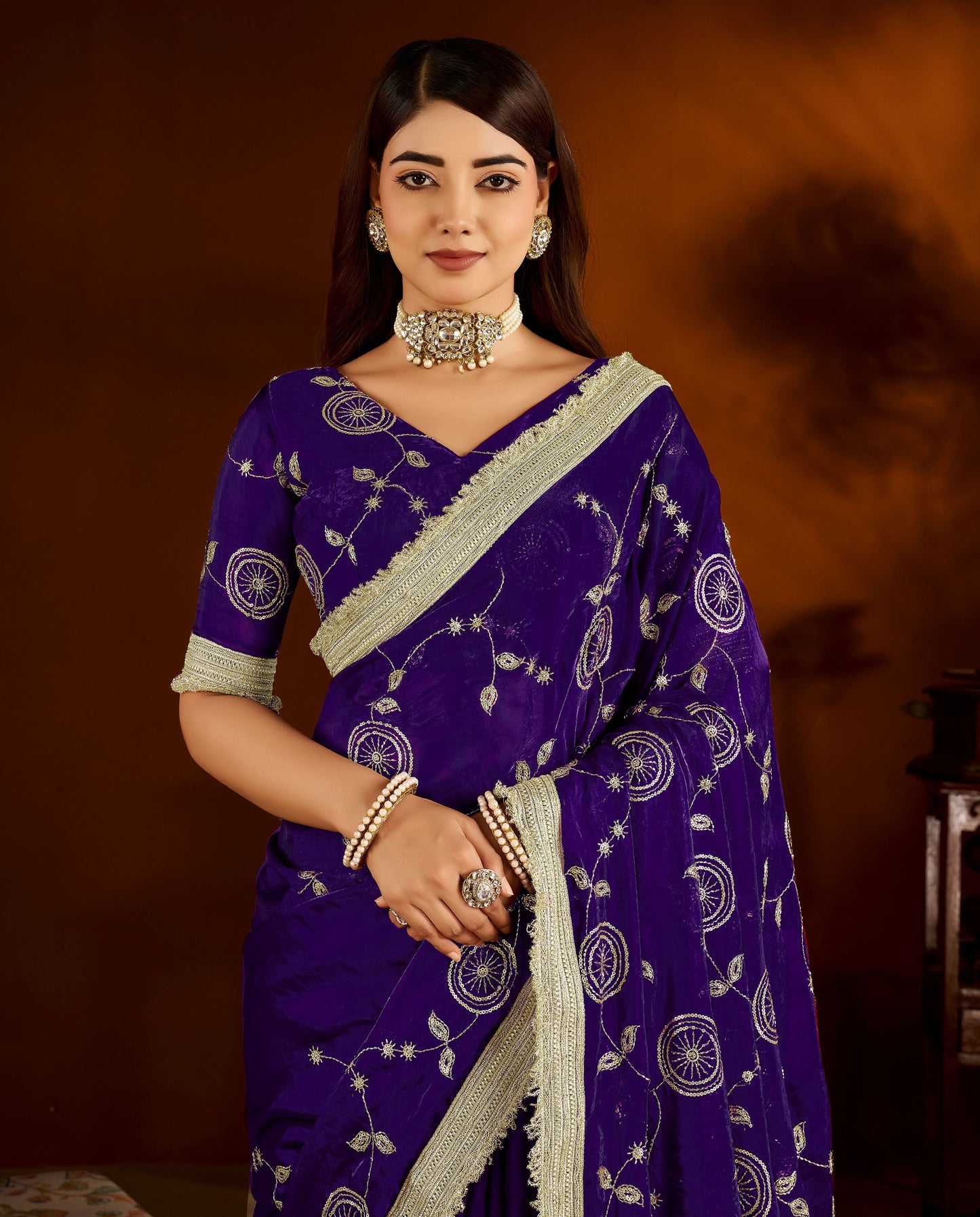 Violet Satin Silk Saree with Heavy Embroidered Work