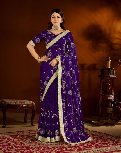 Violet Satin Silk Saree with Heavy Embroidered Work