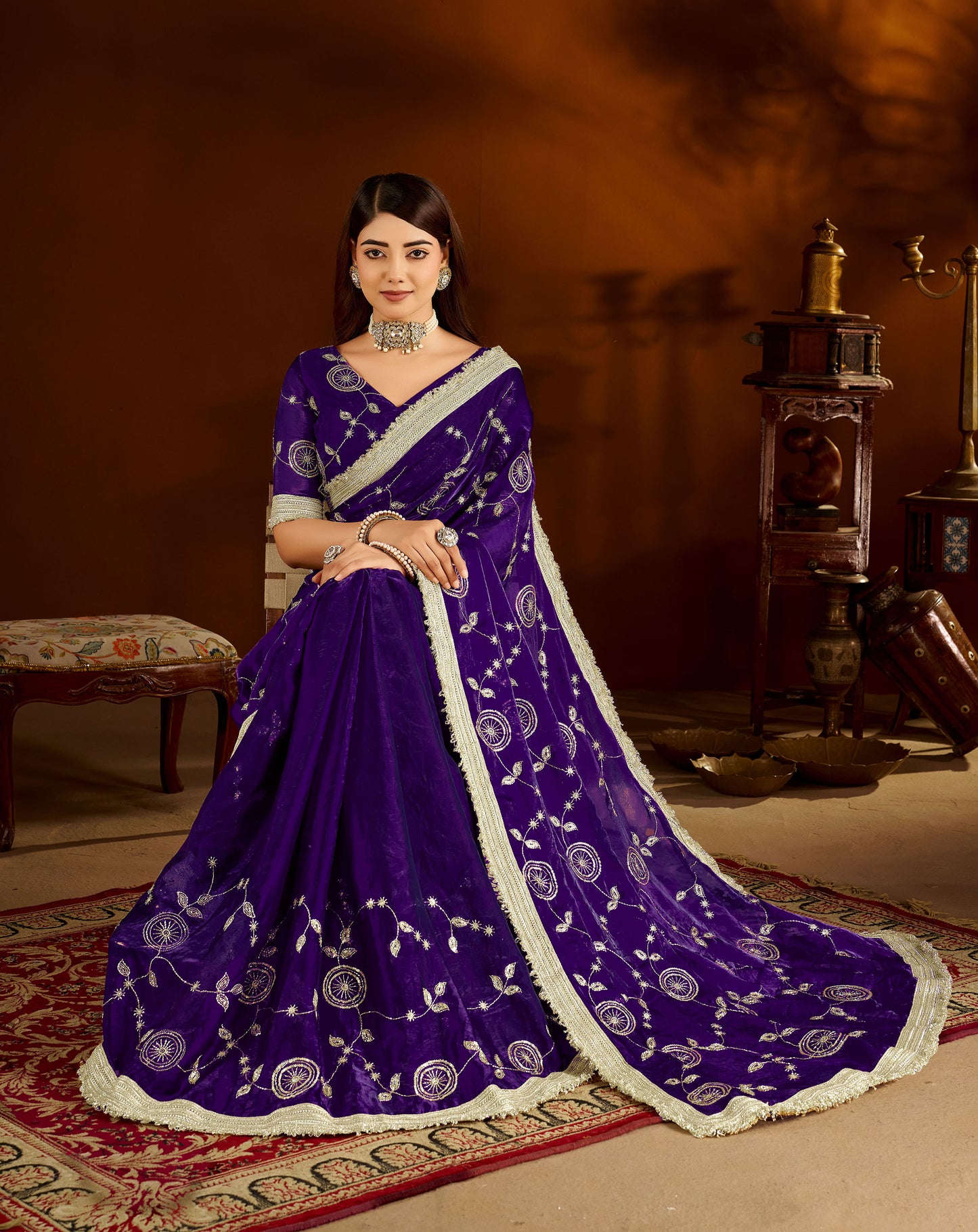 Violet Satin Silk Saree with Heavy Embroidered Work