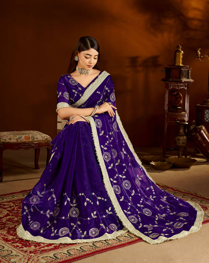 Violet Satin Silk Saree with Heavy Embroidered Work