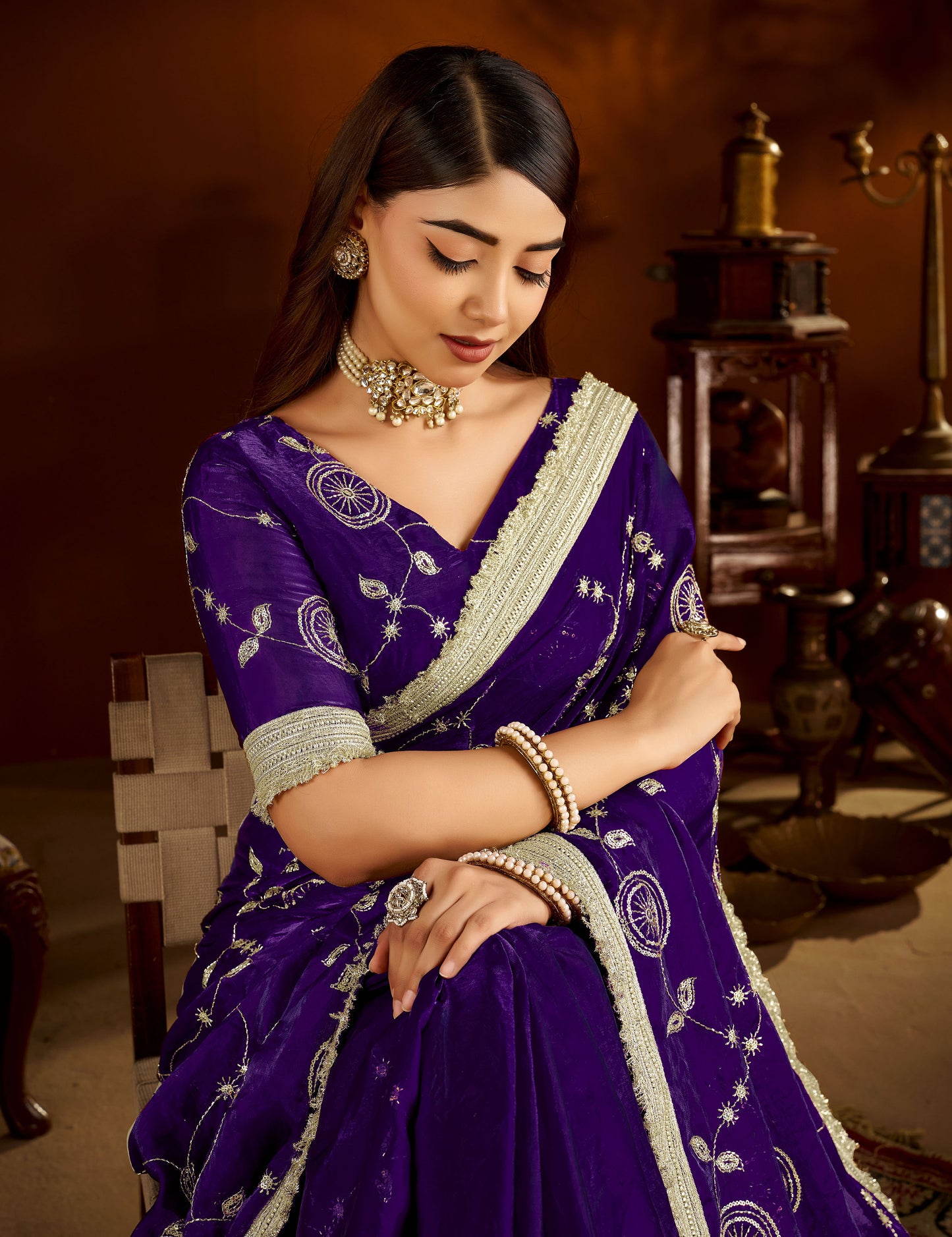Violet Satin Silk Saree with Heavy Embroidered Work