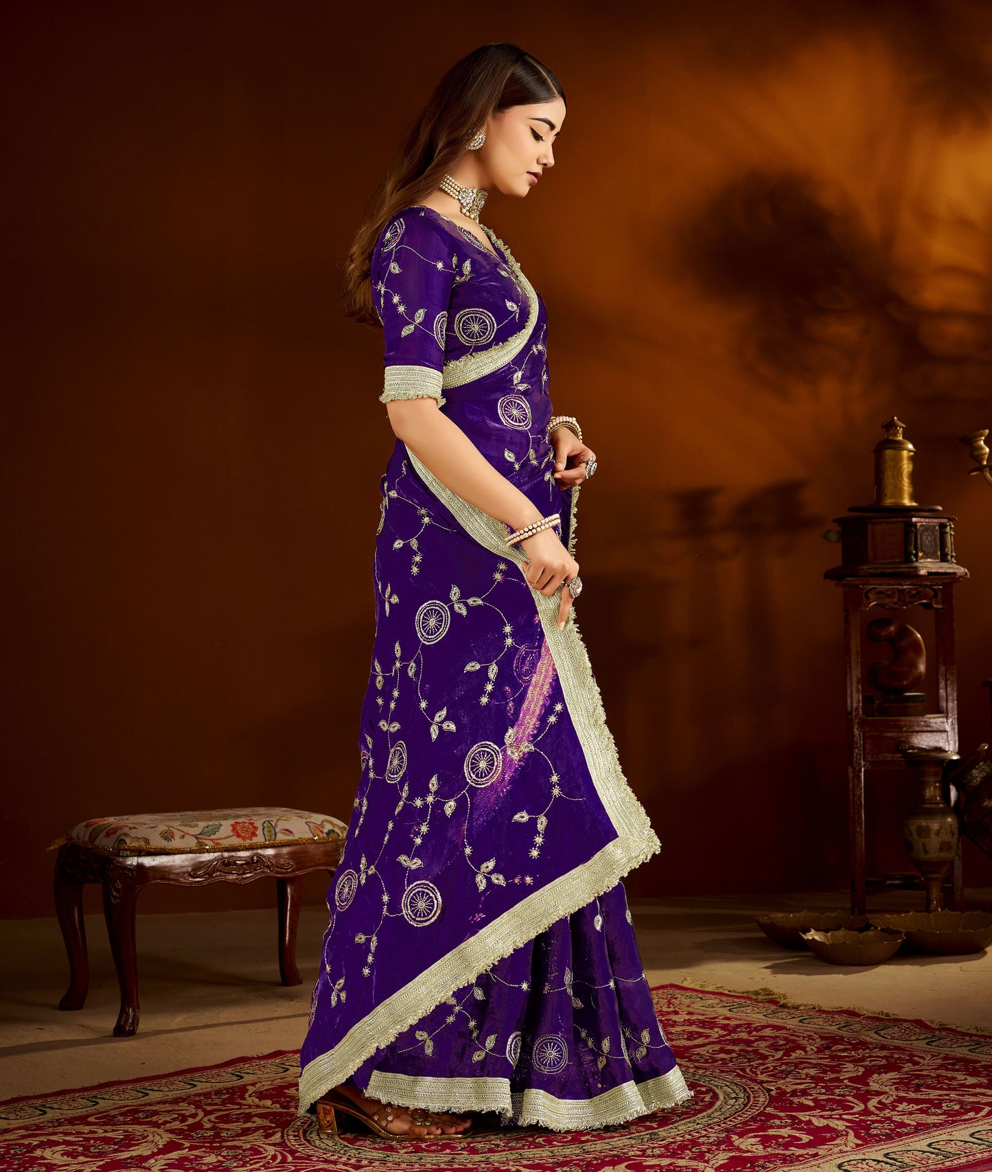 Violet Satin Silk Saree with Heavy Embroidered Work