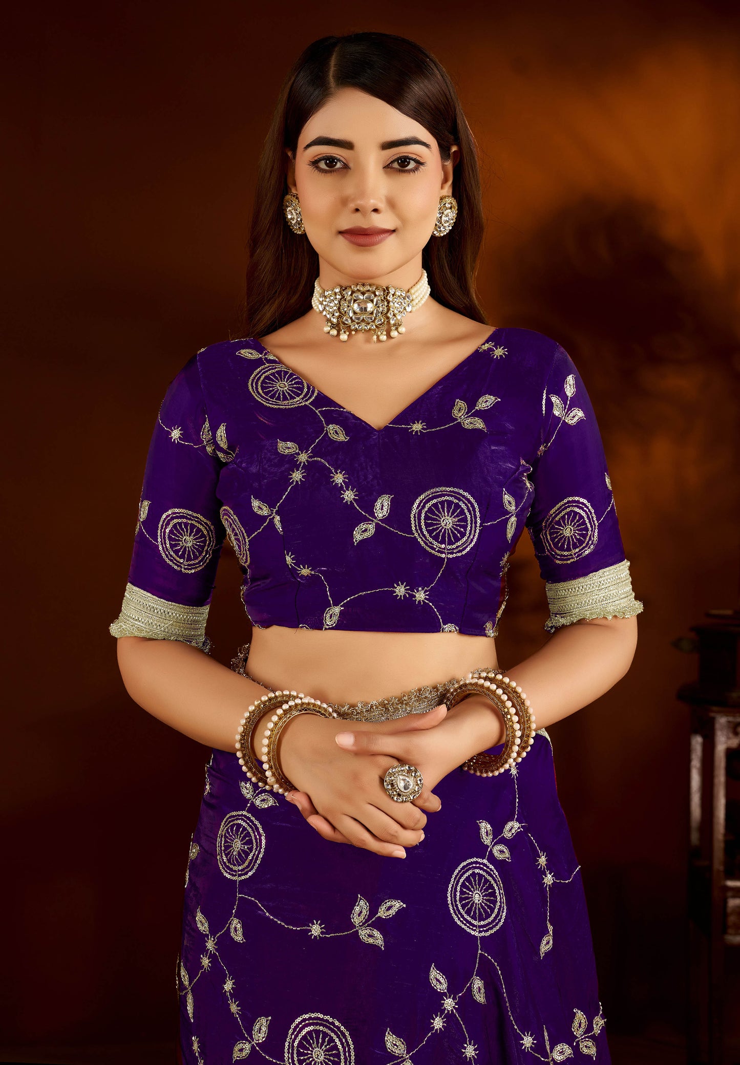 Violet Satin Silk Saree with Heavy Embroidered Work