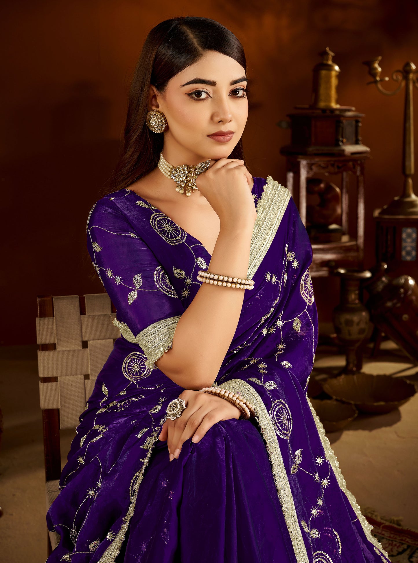 Violet Satin Silk Saree with Heavy Embroidered Work