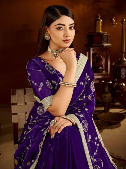 Violet Satin Silk Saree with Heavy Embroidered Work