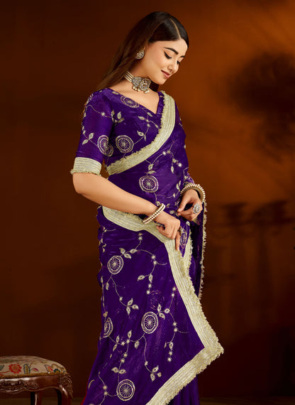 Violet Satin Silk Saree with Heavy Embroidered Work
