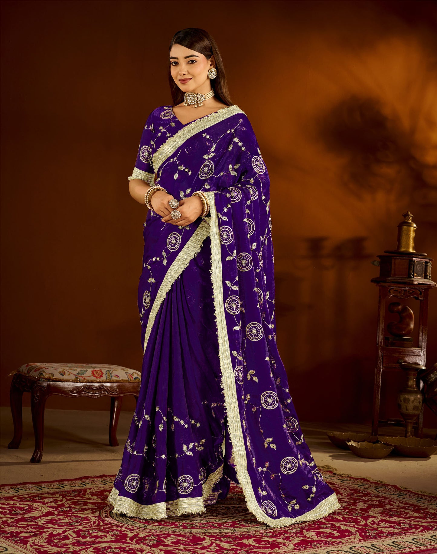 Violet Satin Silk Saree with Heavy Embroidered Work