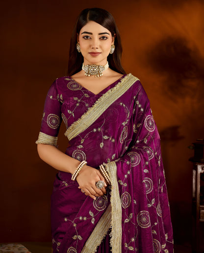 Wine Satin Silk Saree with Heavy Embroidered Work