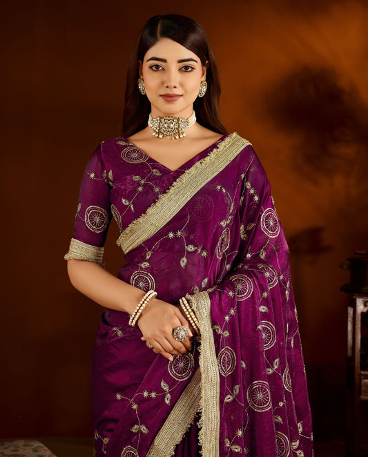 Wine Satin Silk Saree with Heavy Embroidered Work