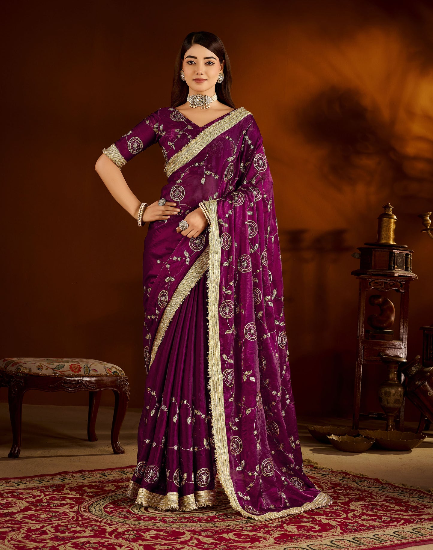 Wine Satin Silk Saree with Heavy Embroidered Work