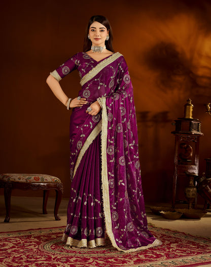 Wine Satin Silk Saree with Heavy Embroidered Work