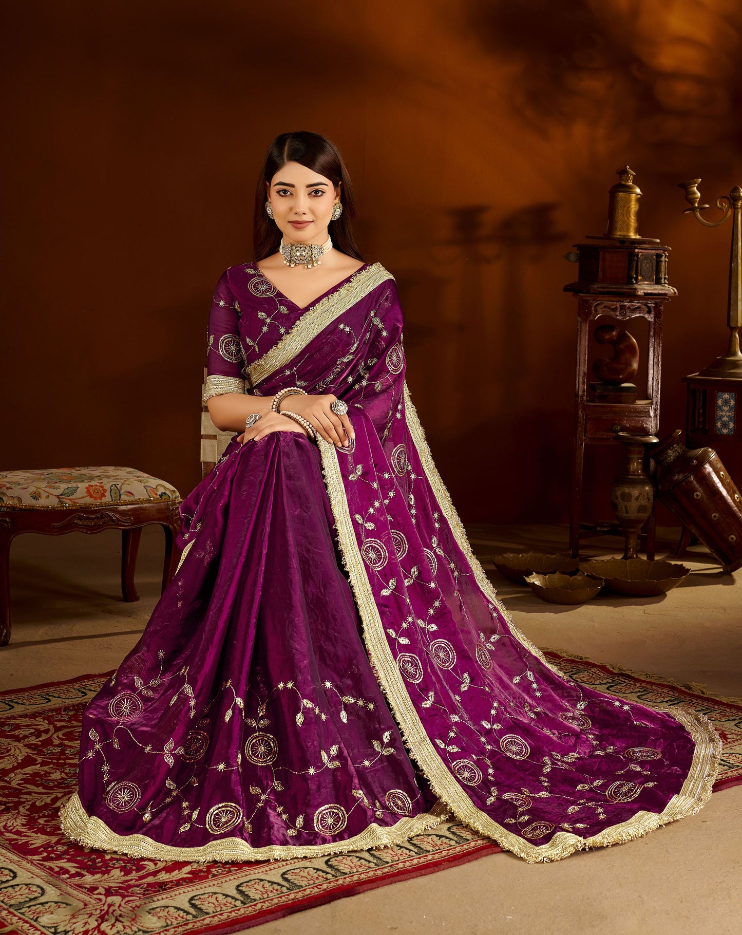 Wine Satin Silk Saree with Heavy Embroidered Work