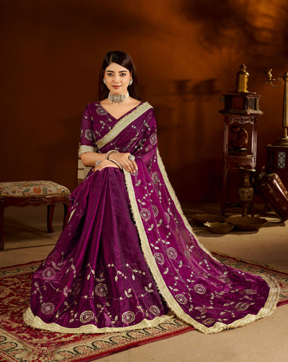 Wine Satin Silk Saree with Heavy Embroidered Work
